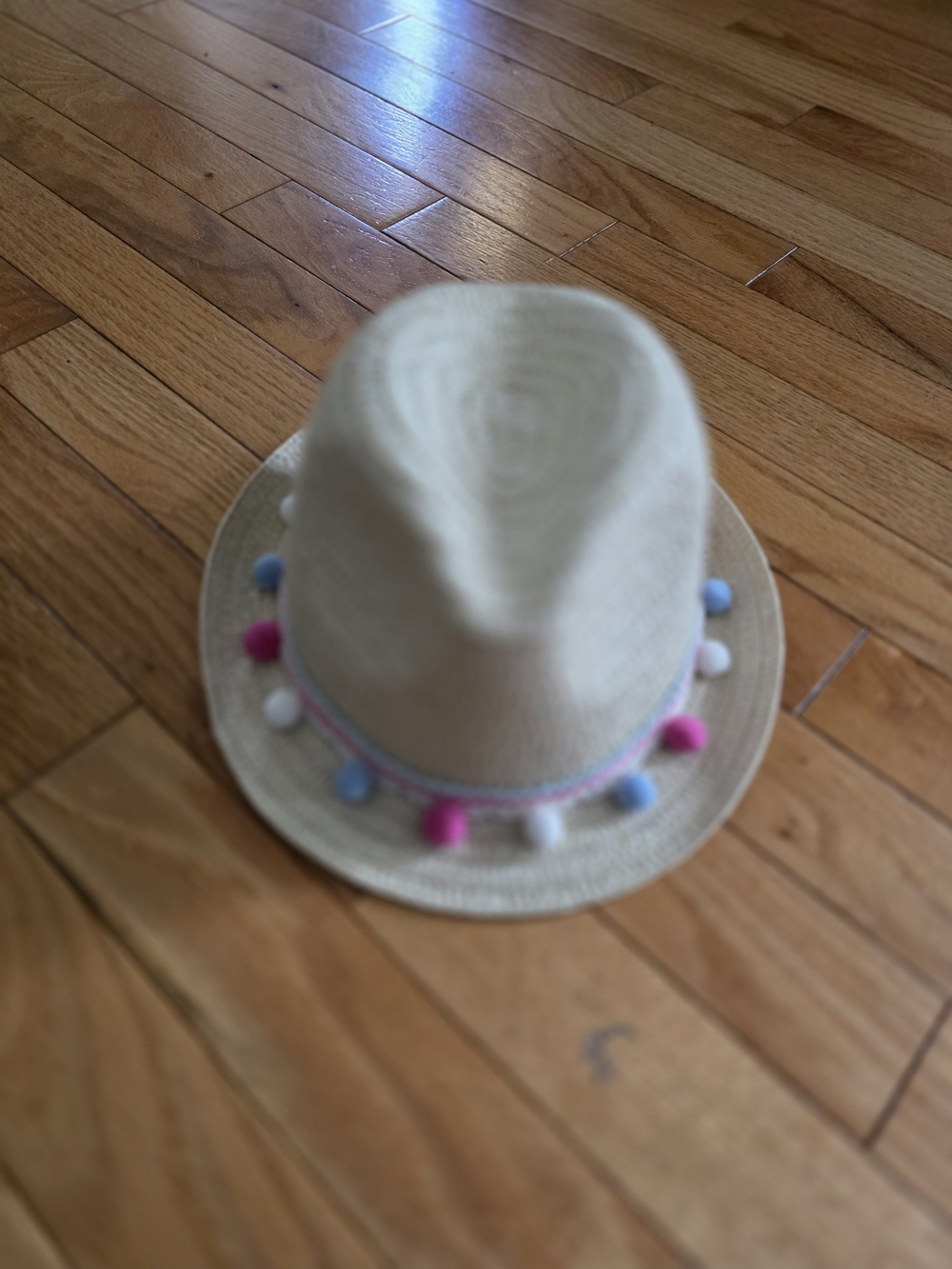 Primark Kids Straw Fedora Hat with Pink, Blue & White Pom-Poms